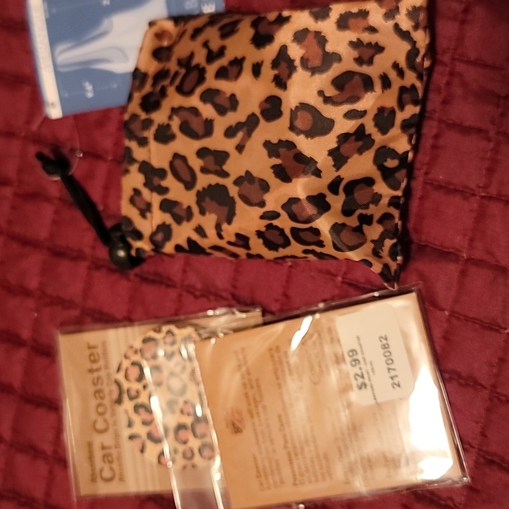 NWT Bundle of Leopard Print Car Coasters and Reusable Packable Tote - Picture 2 of 2